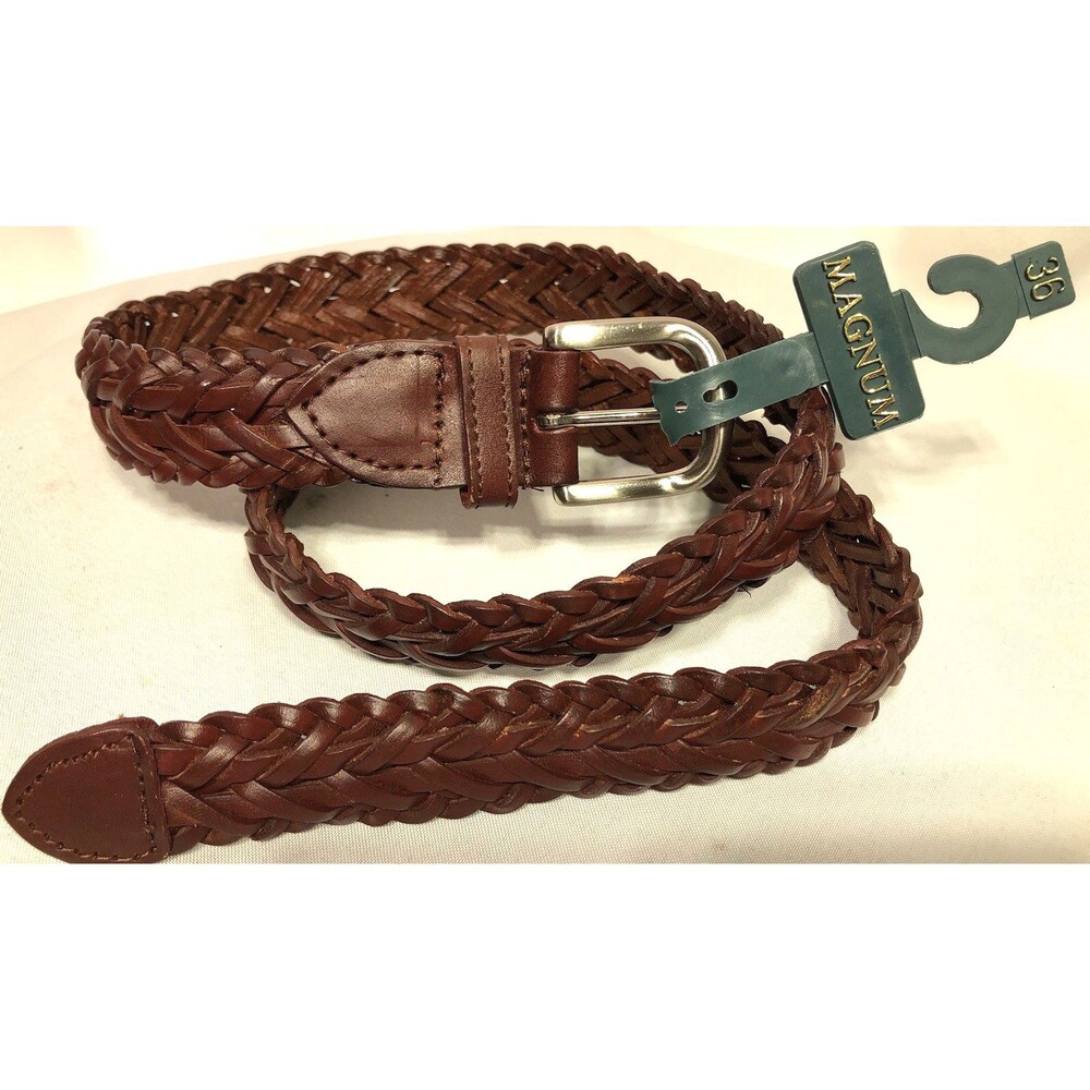 Magnum Woven Full Grain Leather Red Brown Belt 36 Silver Hardware New Old Stock